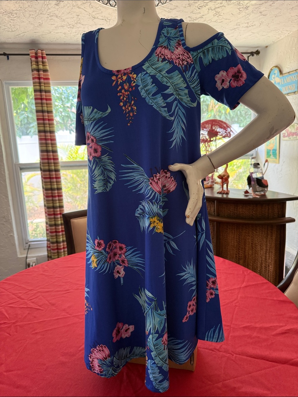 Blue Tropical Cold-Shoulder Dress